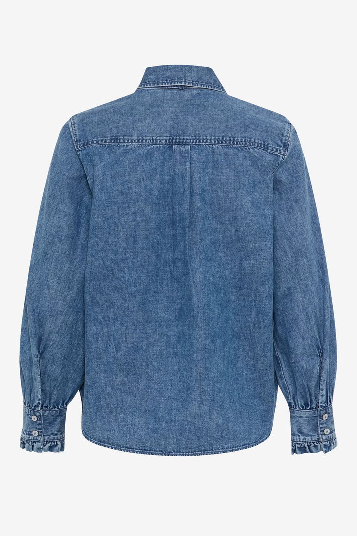 Chemise Victoria en denim bleu à col lavallière vue de face pour femme Brax