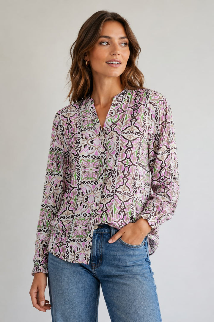 Front view of a purple printed collarless blouse for women by Brax - Valérie Simon