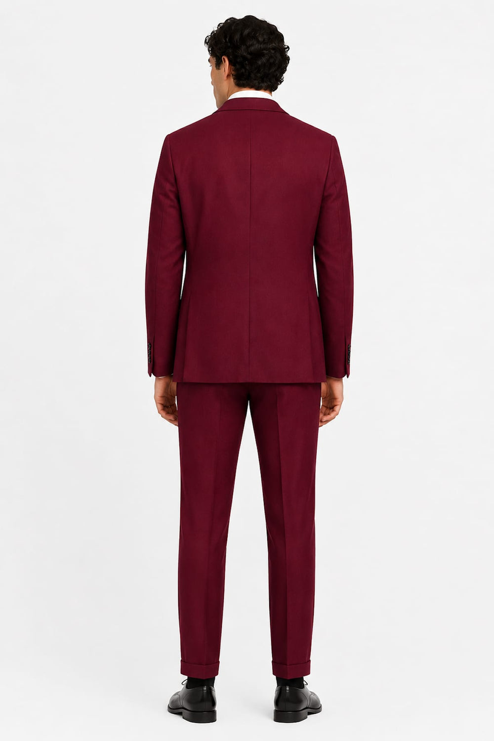Full back view of a black men's formal suit with silver buttons by Lief Horsens - Valérie Simon