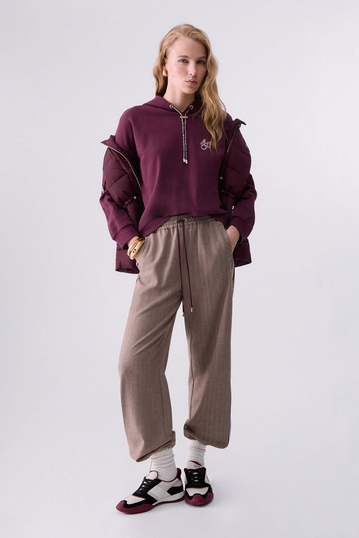 Fleece cotton sweater hoodie with embroidered pattern front view for women liujo
