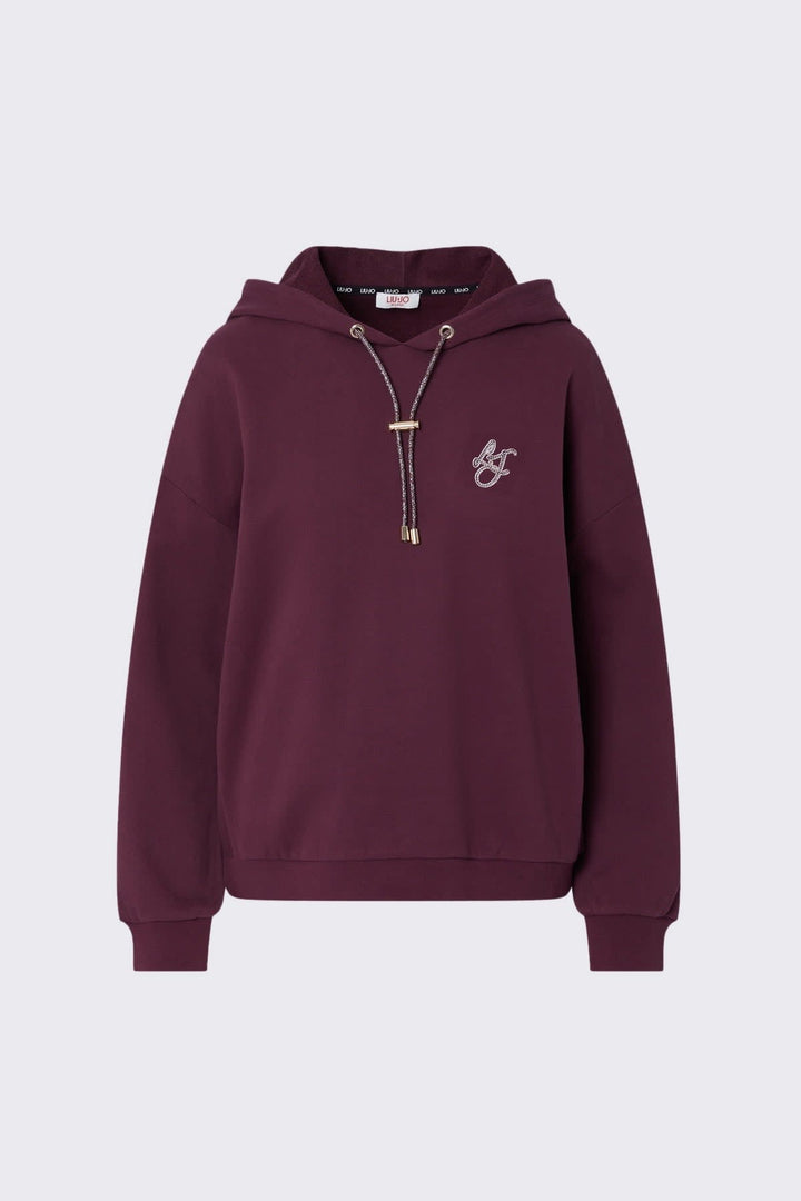 Fleece cotton sweater hoodie with embroidered pattern front view for women liujo