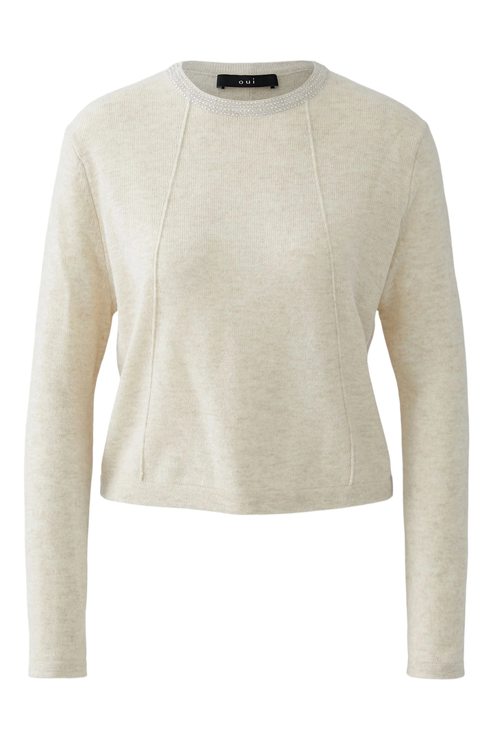 Fine knit sweater with embellished collar