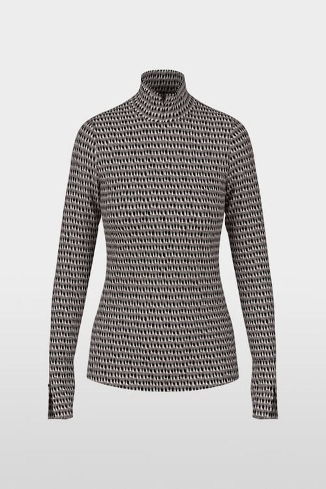 Chandail imprimé pailleté avec col montant et manches longues, tricoté en Allemagne. Modèle moderne et épuré en matières douces.
