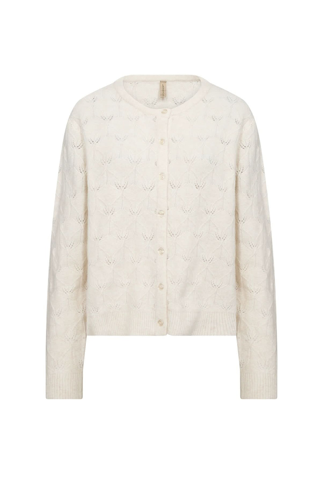 Cardigan ajouré couleur crème avec boutons, style féminin et cosy, idéal pour l'automne.