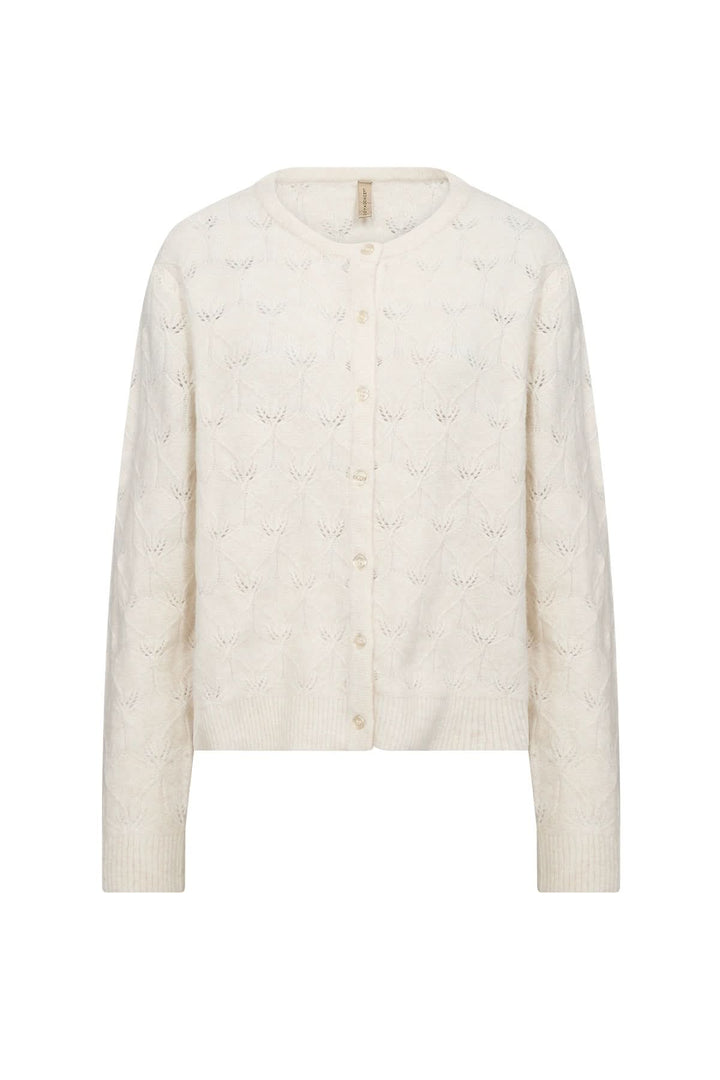 Cardigan ajouré couleur crème avec boutons, style féminin et cosy, idéal pour l'automne.