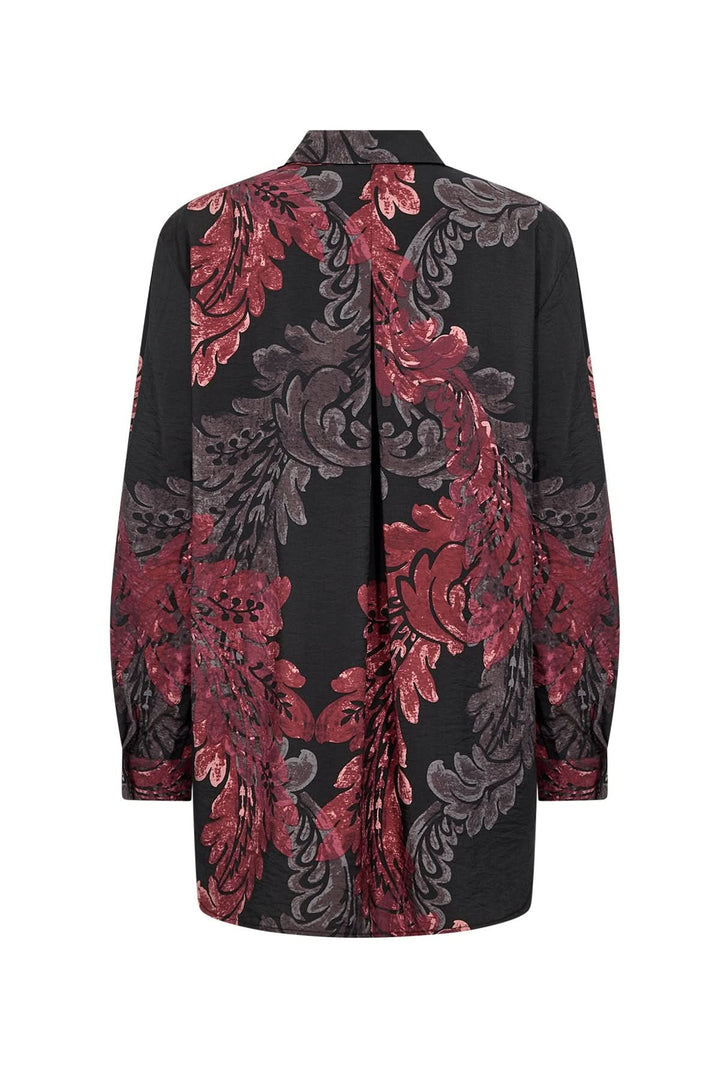 Chemise fluide avec imprimé baroque aux teintes profondes, dos montrant une coupe ample et élégante.