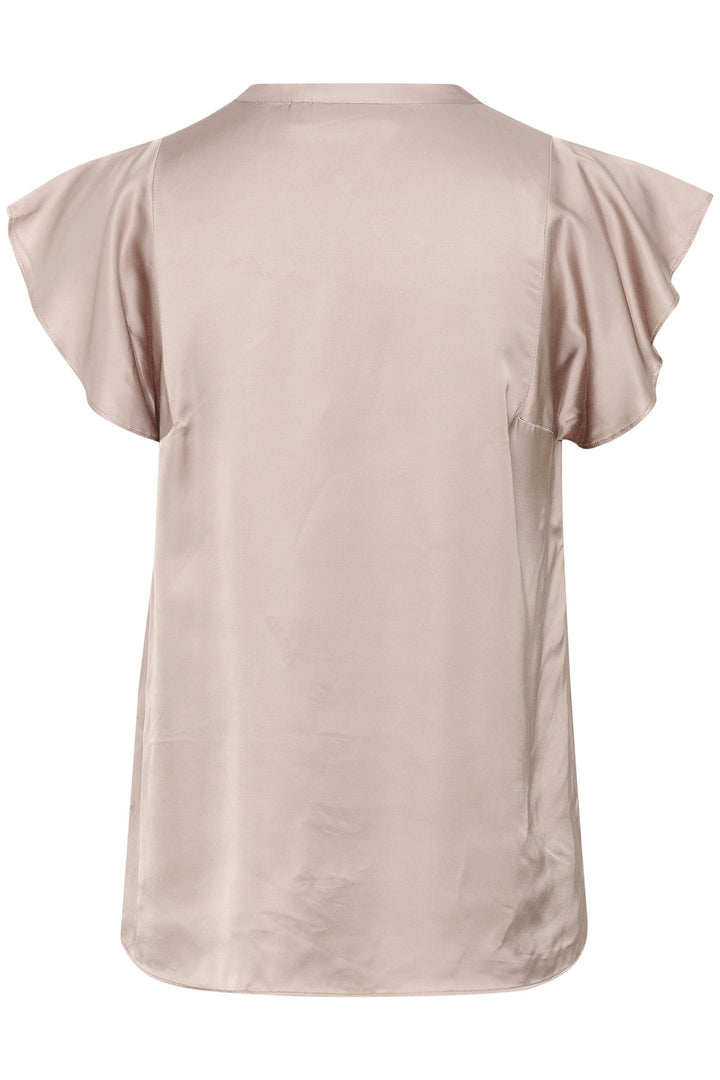 Blouse Kaal satinée rose, dos avec manches courtes à volants, coupe droite élégante et légère