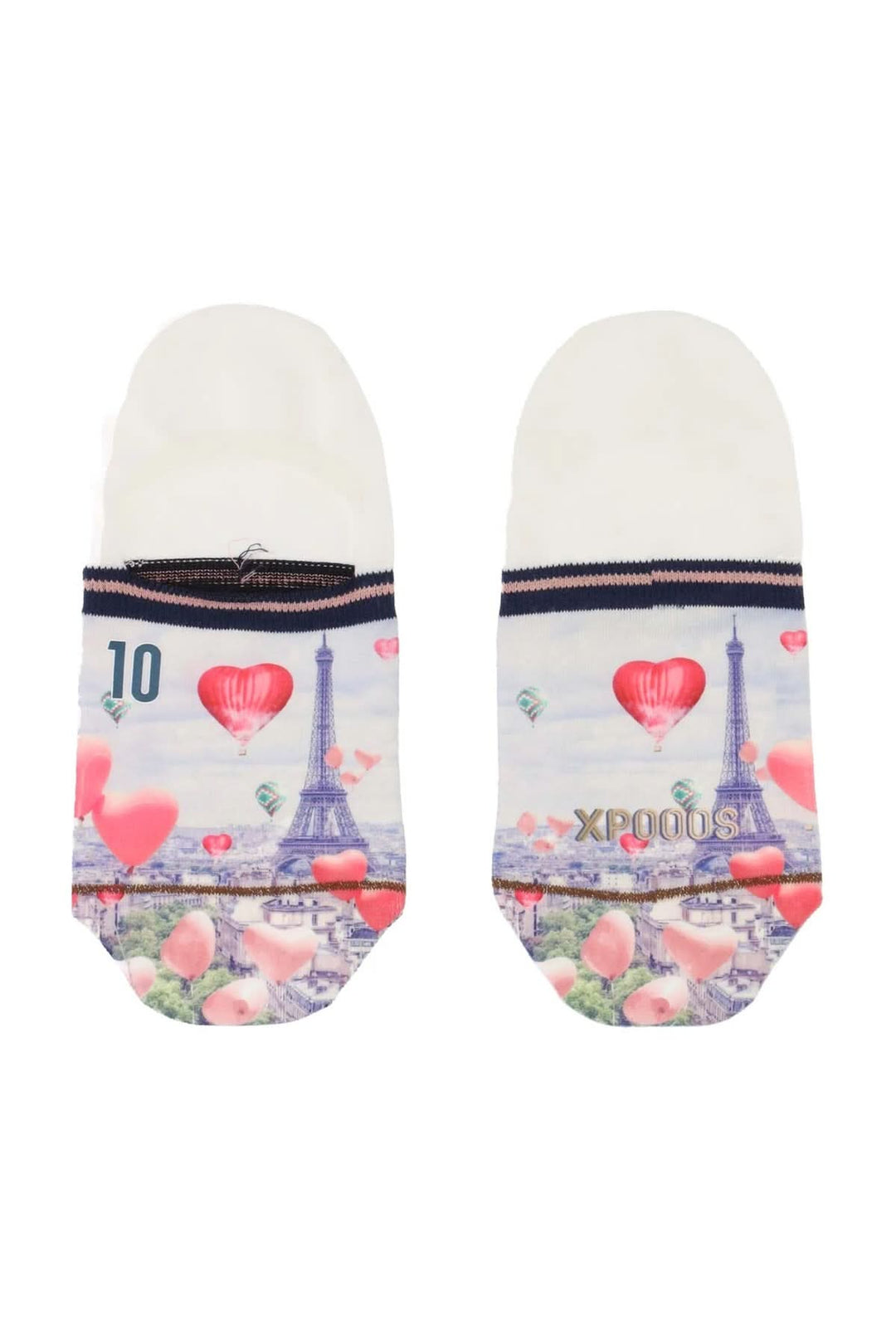 Chaussettes invisibles élégantes avec motif tour Eiffel et cœurs, parfaites pour un style romantique et décontracté.