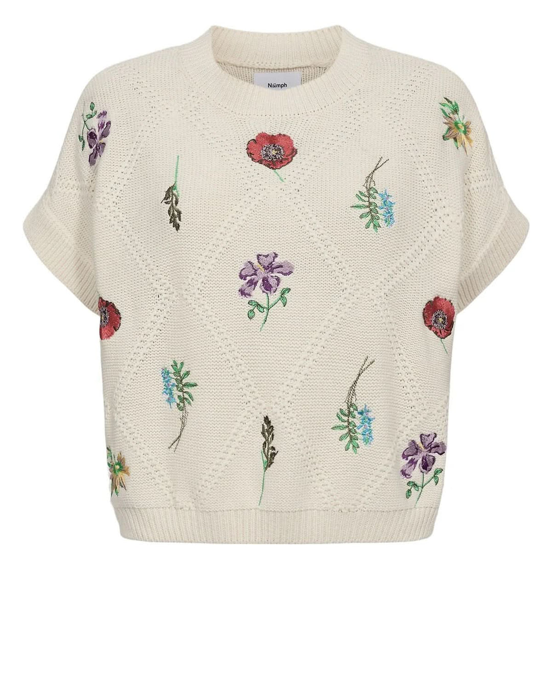 Chandail en tricot brodé à manches courtes avec motifs floraux délicats pour un style féminin et élégant.