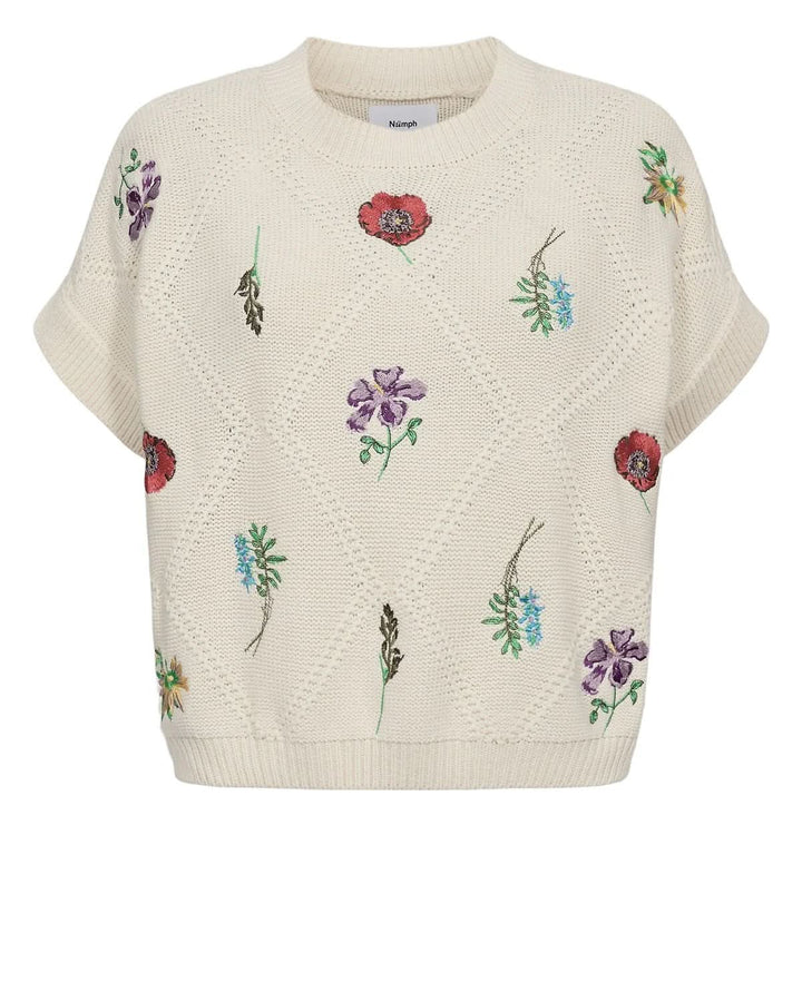 Chandail en tricot brodé à manches courtes avec motifs floraux délicats pour un style féminin et élégant.