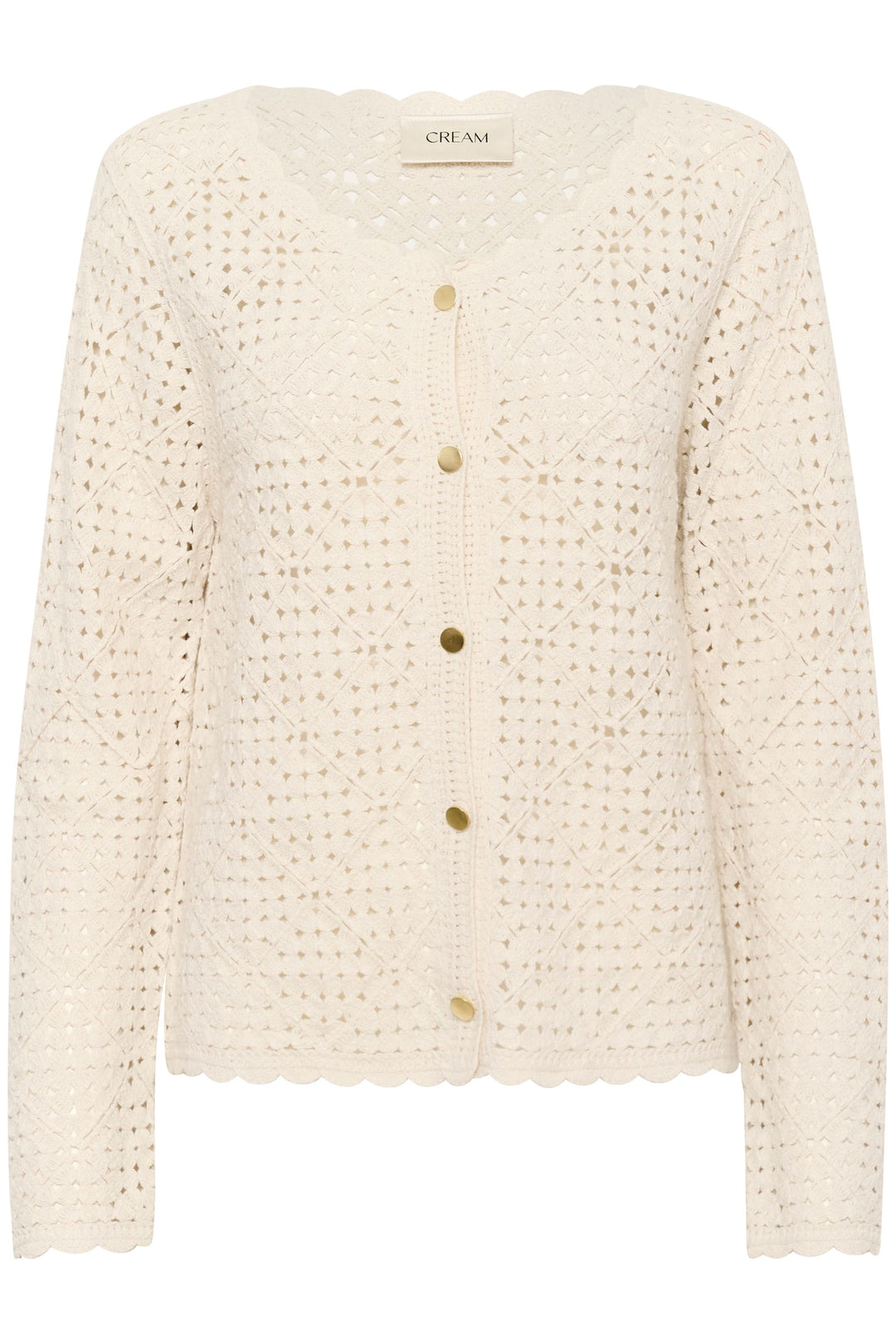 Cardigan ajouré crème avec boutons contrastants et encolure festonnée, idéal pour un look rétro.