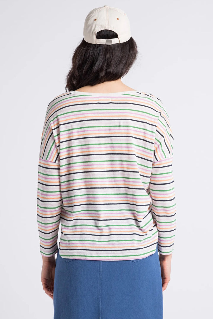 Straight round-neck striped linen T-shirt