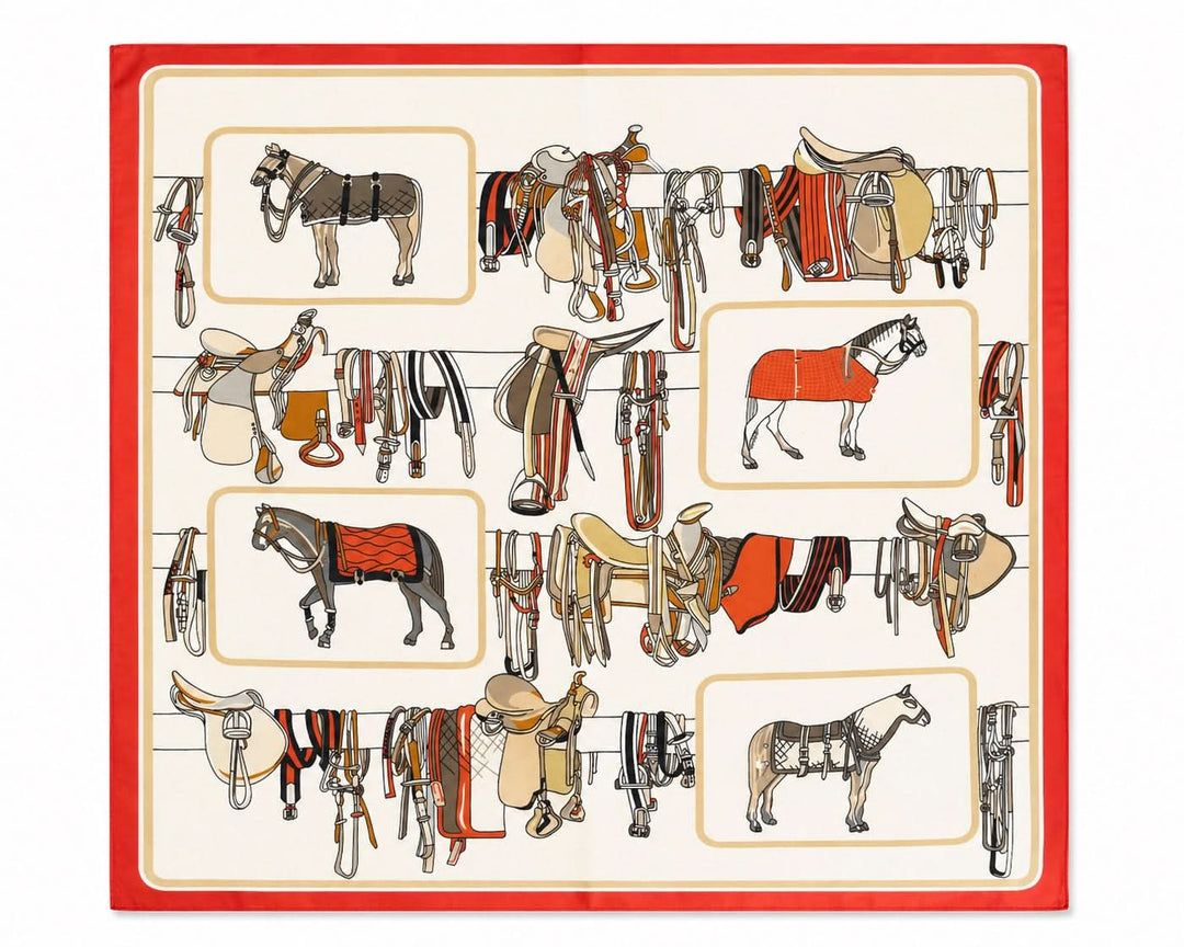 Foulard carré imprimé équestre avec motif de chevaux et harnais, bordure rouge, 53 x 53 cm, élégant et polyvalent.