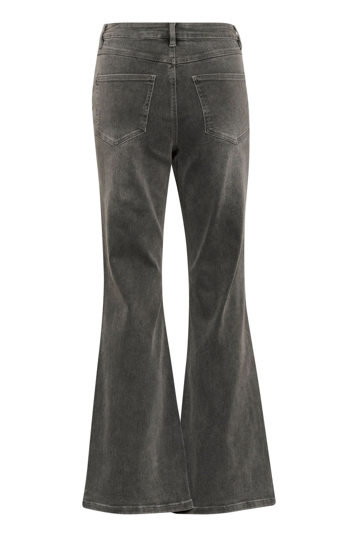 Jean à jambe évasée, finition délavée, taille haute, offrant un style rétro moderne, vue arrière.