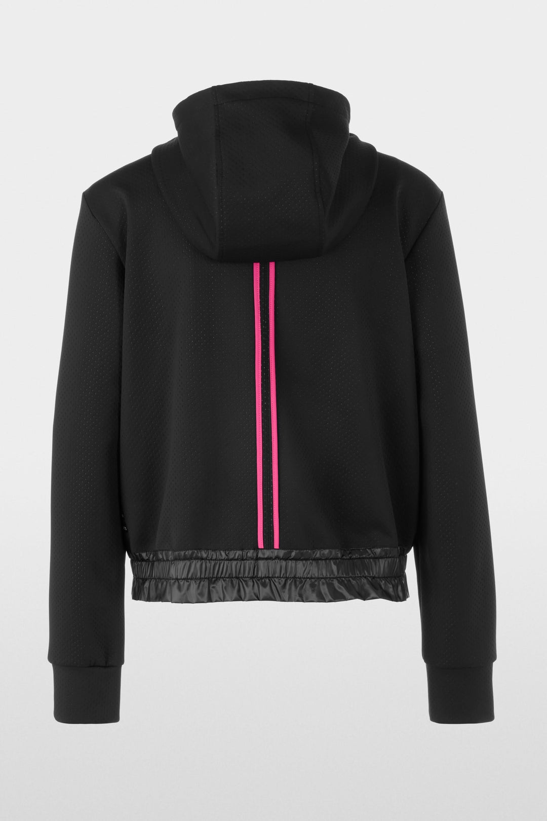 Veste à rayures contrastées noire avec capuchon, détail lustré et taille élastiquée pour un look moderne.