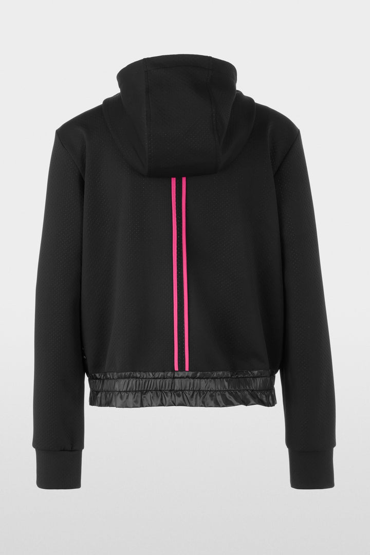 Veste à rayures contrastées noire avec capuchon, détail lustré et taille élastiquée pour un look moderne.