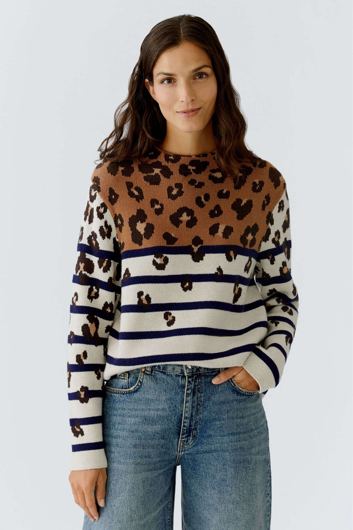 Sweater with mixed stripes and animal print pattern