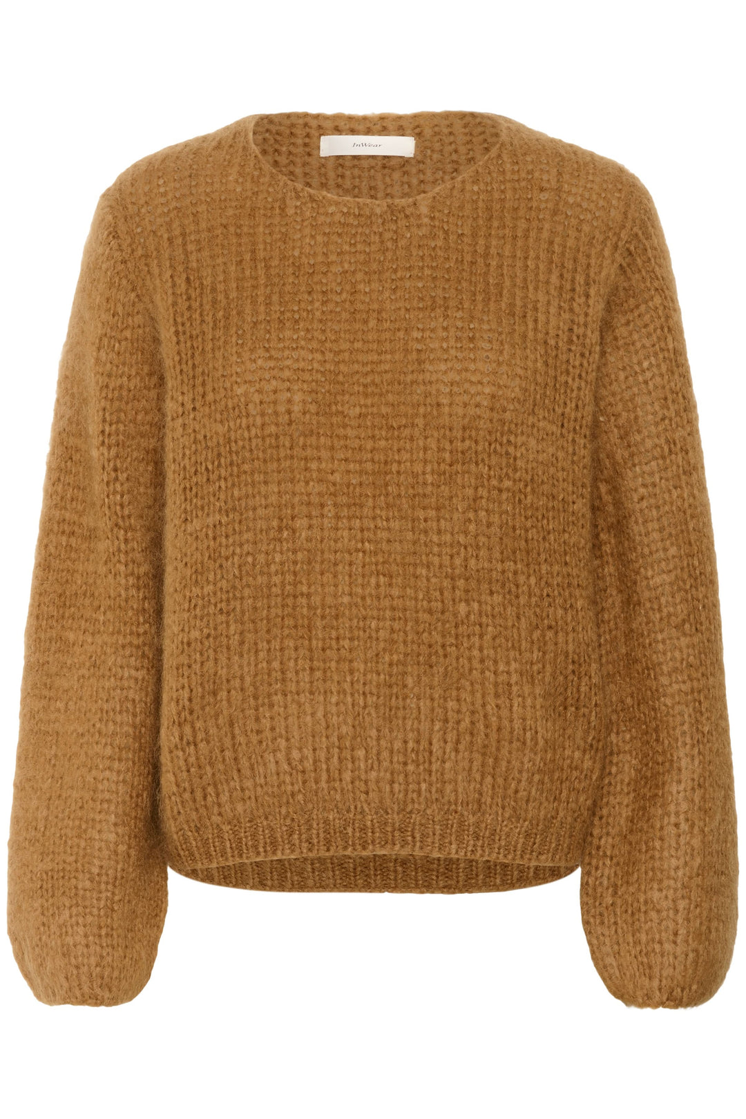 Chandail Jetra en maille duveteuse, coupe ample, couleur caramel, idéal pour un look cozy et élégant.