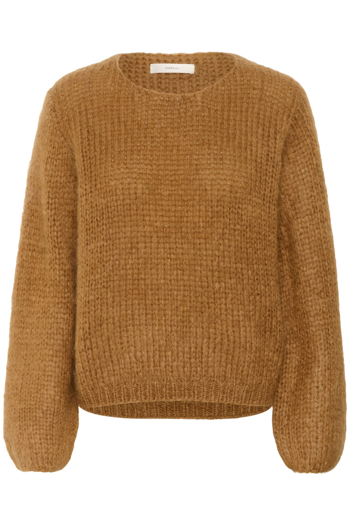 Chandail Jetra en maille duveteuse, coupe ample, couleur caramel, idéal pour un look cozy et élégant.