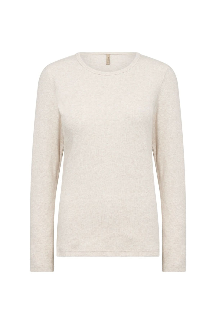 Chandail à manches longues beige à encolure ronde, parfait pour un style minimaliste et cosy.