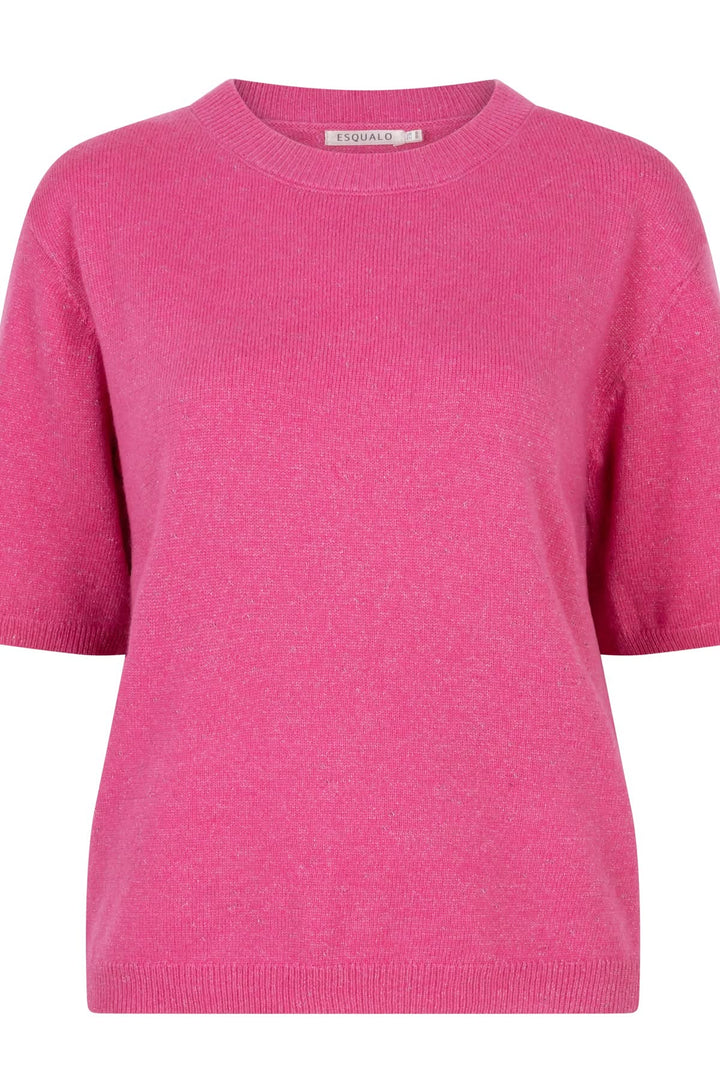 Chandail rose à manches courtes en maille scintillante, parfait pour une tenue décontractée et festive.