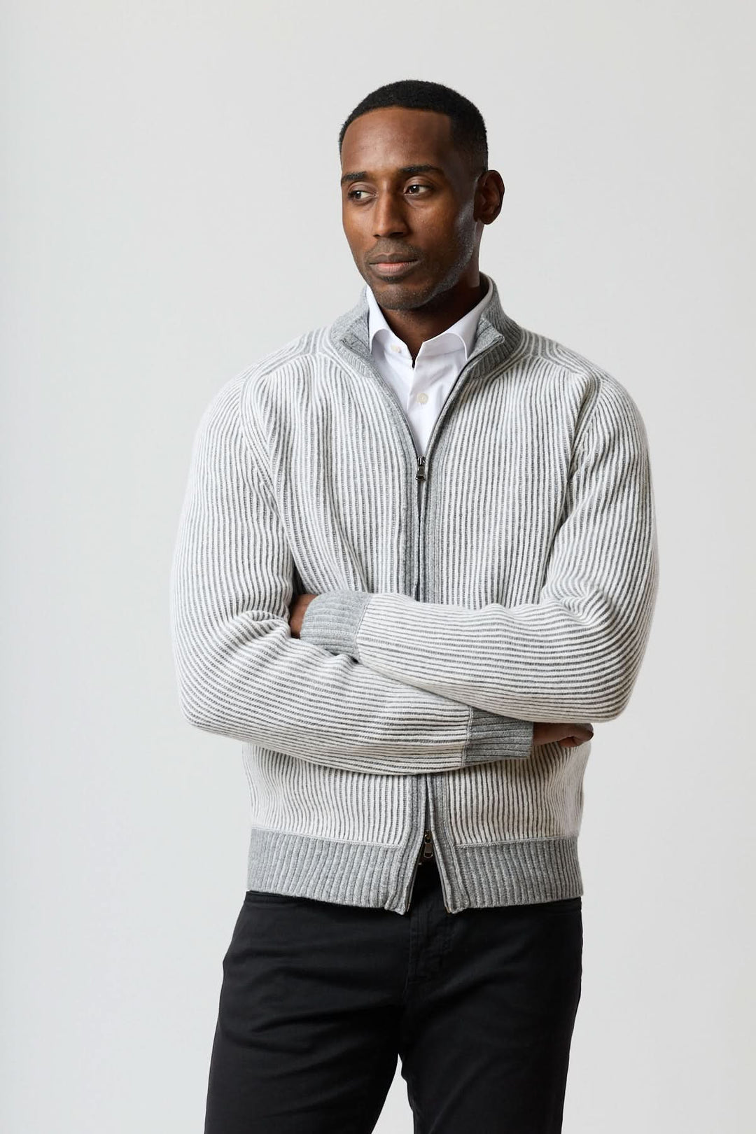 High-neck zippered sweater in ribbed knit