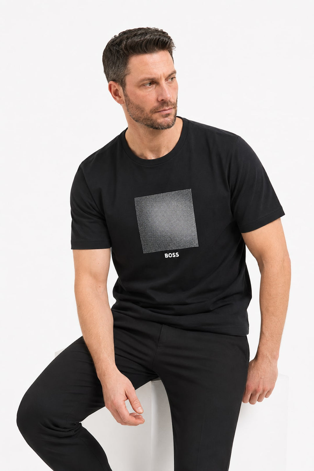 Front view of a gray BOSS stretch T-shirt for men with the Hugo Boss logo - Valérie Simon