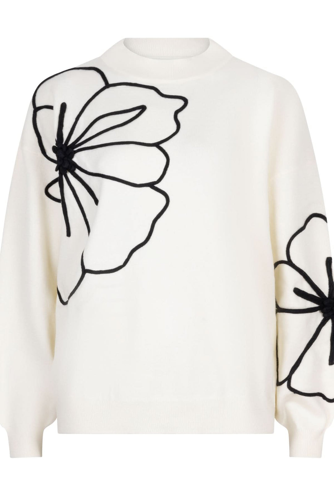 Chandail en maille blanc avec grandes fleurs brodées noires, coupe décontractée et encolure ronde.