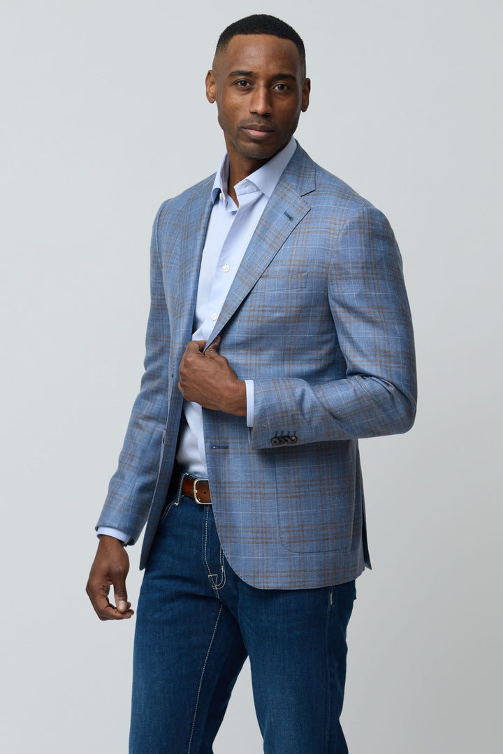 Veston à carreaux en laine, soie et lin