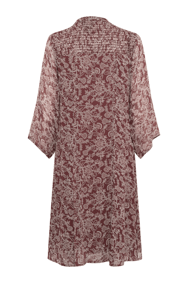 Derrière de la Robe Elka avec imprimé délicat et manches trois-quarts, coupe évasée et encolure en V pour un look élégant.