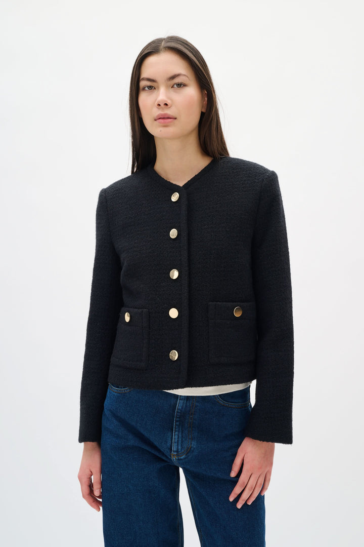 Short textured jacket with gold buttons