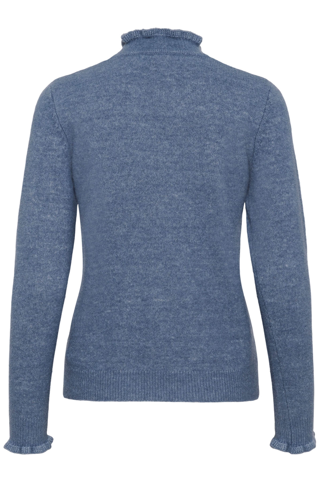 Tricot Guni bleu à col montant froncé, vue arrière, coupe droite et manches longues. Élégance discrète et confort.