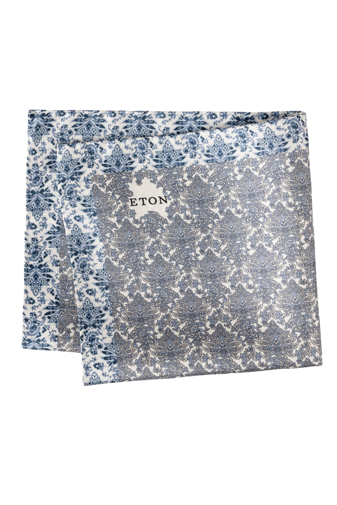 Vue détaillée foulard ornemental bleu et doré Eton pour homme - Valérie Simon