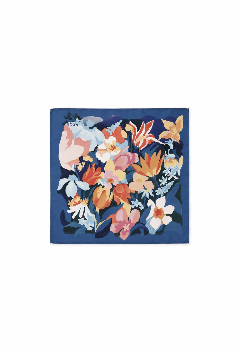 Side view of the Eton floral multicolored silk pocket square for men - Valérie Simon