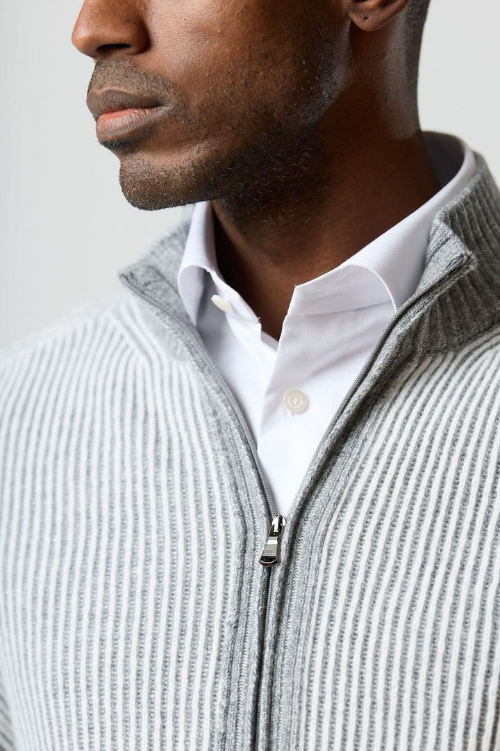 High-neck zippered sweater in ribbed knit