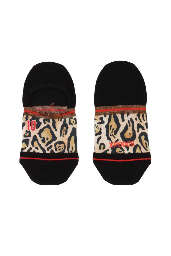 Chaussettes invisibles noires avec imprimé animalier audacieux, parfaites pour un look tendance et décontracté.