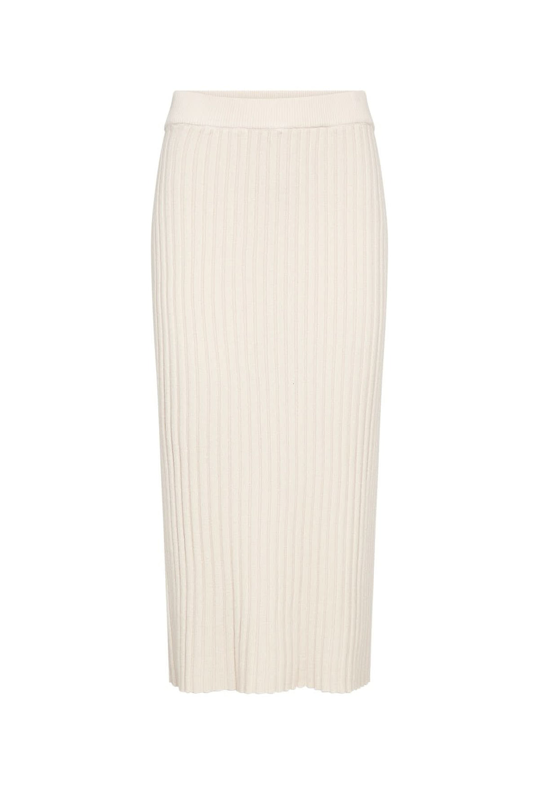 Jupe midi en maille côtelée beige avec coupe légèrement évasée pour une silhouette élégante et moderne.