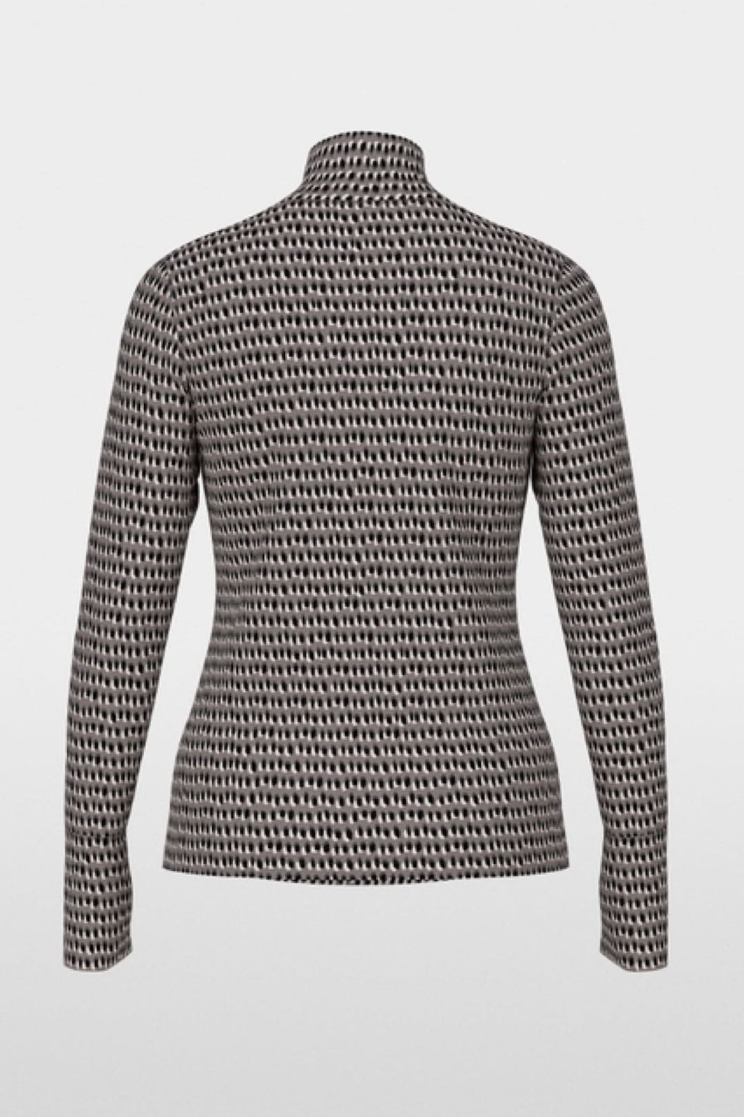 Chandail imprimé pailleté, coupe près du corps avec col montant, manches longues et poignets boutonnés, en arrière-plan blanc.