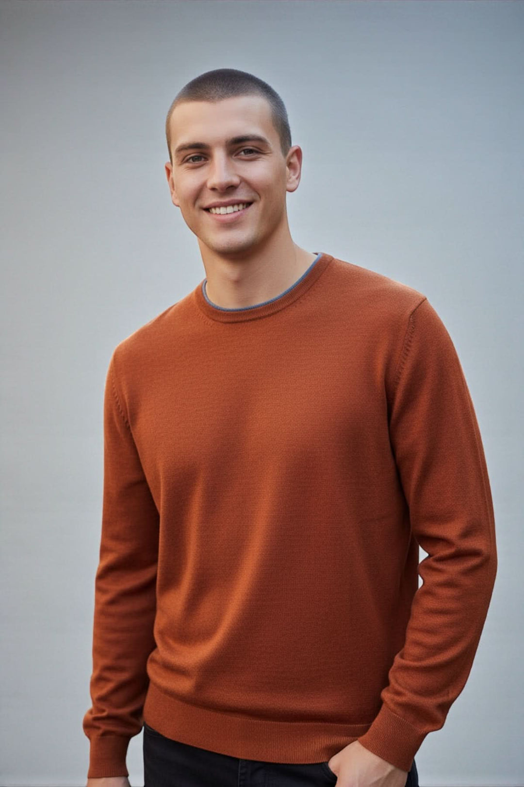 Homme portant un chandail col rond en laine mérinos avec coudes contrastants, élégant et confortable.