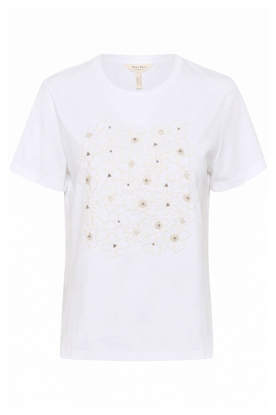 T-shirt Maggi avec broderies florales et perles, coupe droite, col rond. Confortable et facile à porter pour un style féminin.