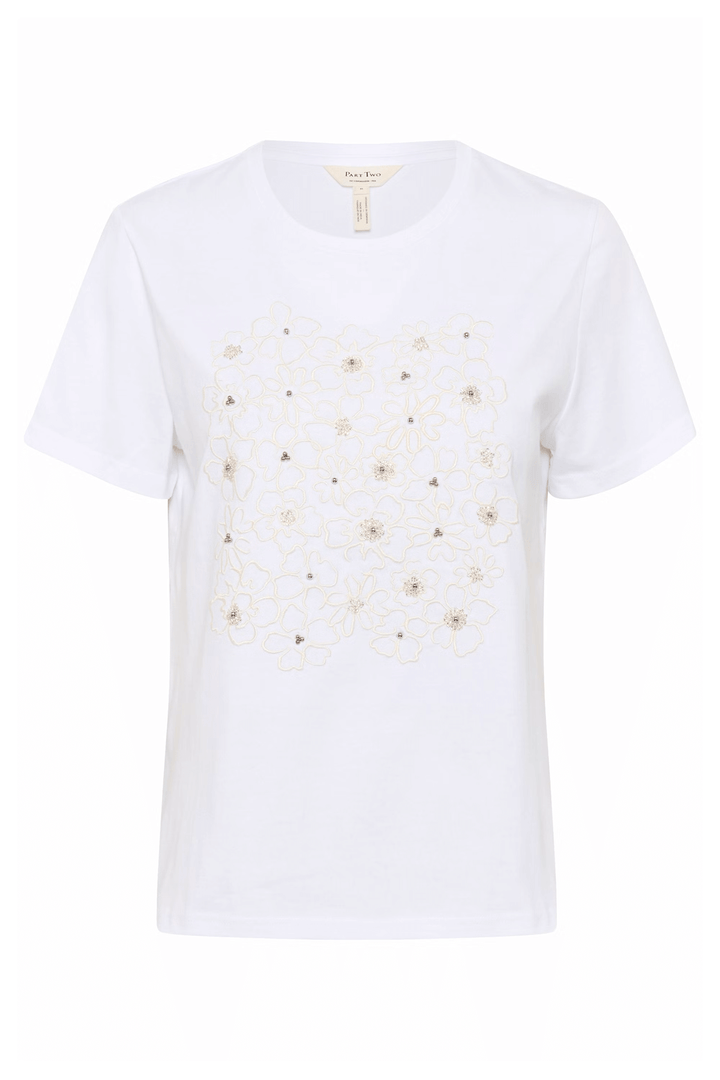 T-shirt Maggi avec broderies florales et perles, coupe droite, col rond. Confortable et facile à porter pour un style féminin.