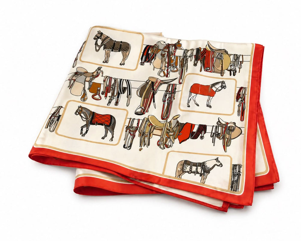 Foulard carré imprimé équestre en soie, 53 x 53 cm, avec motifs équestres et bordure rouge contrastante, accessoire polyvalent.