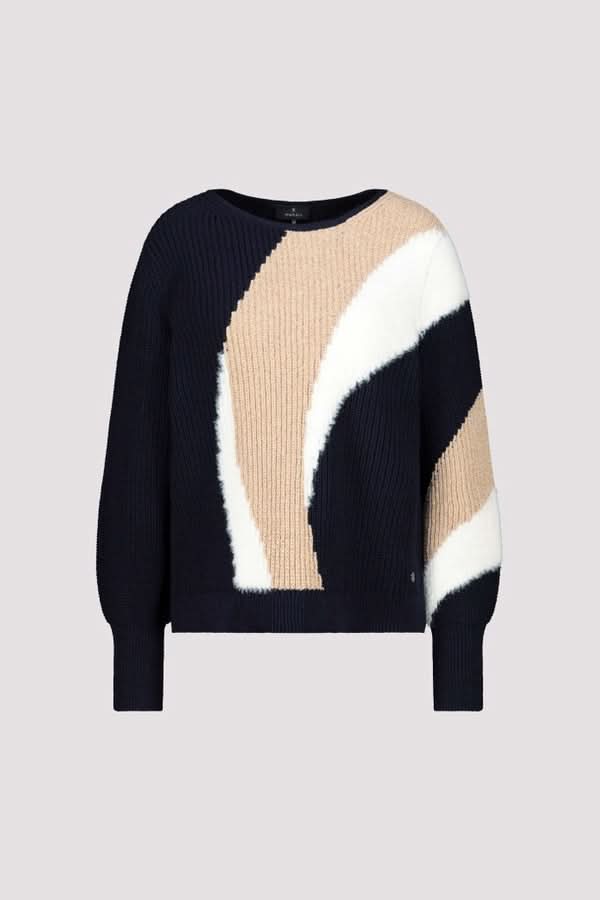 Chandail en maille à motif graphique noir, beige et blanc avec col rond, coupe droite et style moderne.