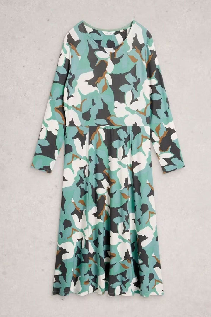 Robe Madeline à col rond et manches longues en jersey avec imprimé graphique all-over, coupe évasée et tissu fluide pour une allure élégante.