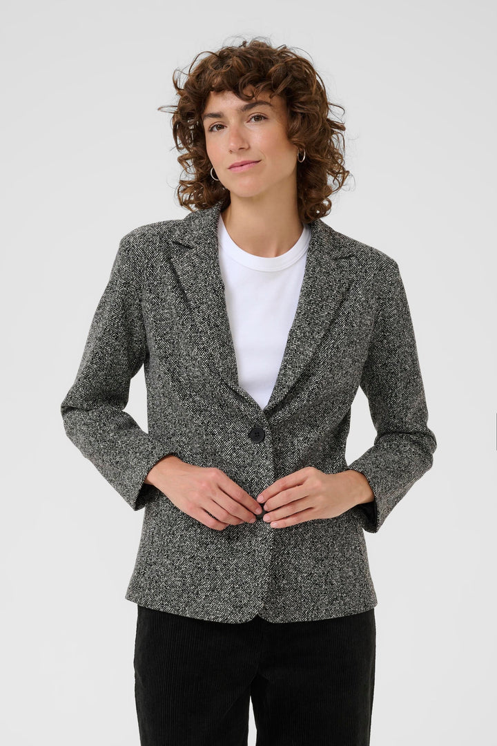 Veston Vineke gris structuré avec fermeture à un bouton, style élégant et intemporel.