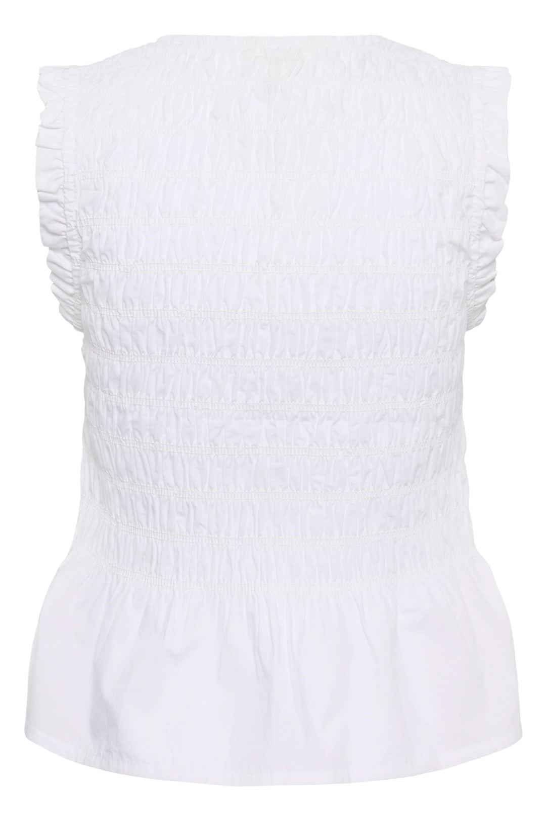 Dos de la Blouse Borgny smockée sans manches à encolure nouée avec finitions volantées blanches.