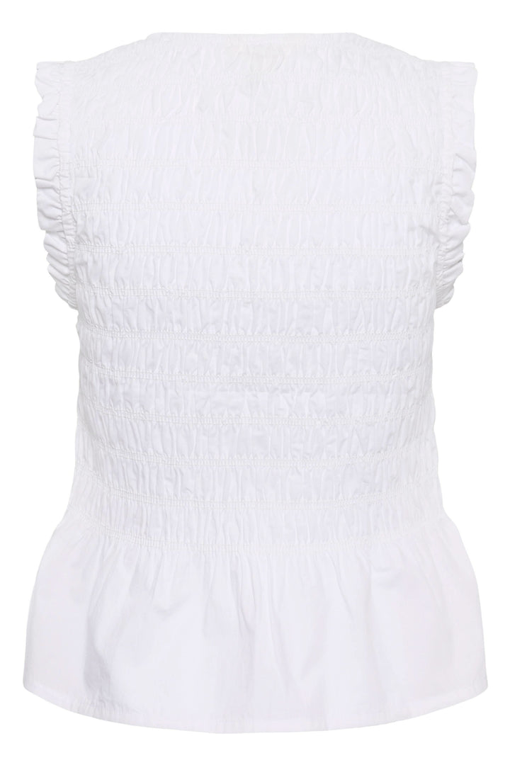 Dos de la Blouse Borgny smockée sans manches à encolure nouée avec finitions volantées blanches.