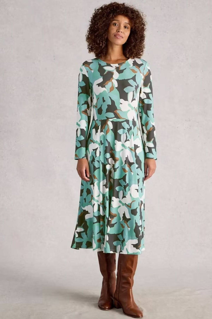 Robe Madeline à col rond et manches longues en jersey avec imprimé graphique, coupe évasée, manches longues, look élégant et fluide.