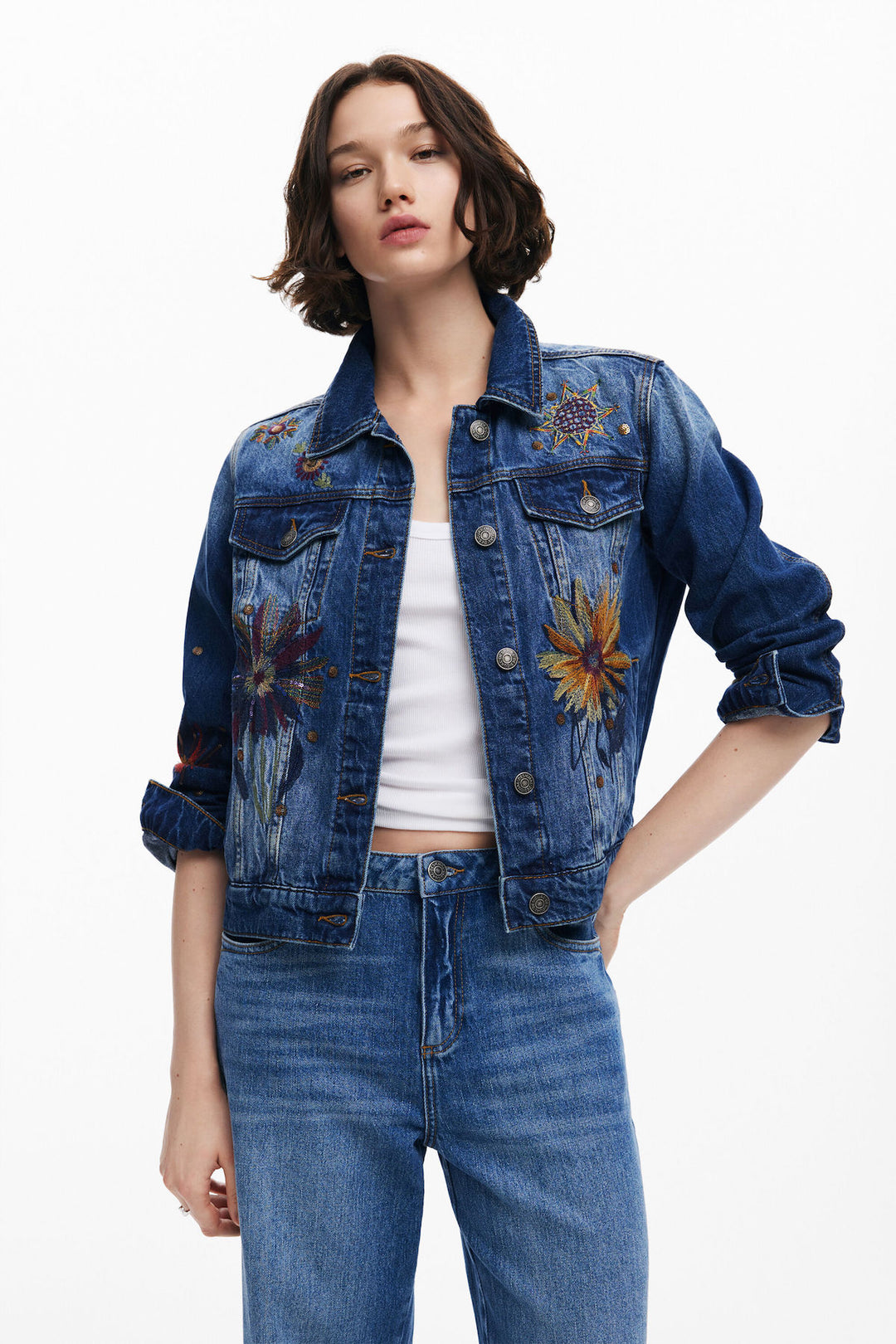 Floral denim trucker jacket