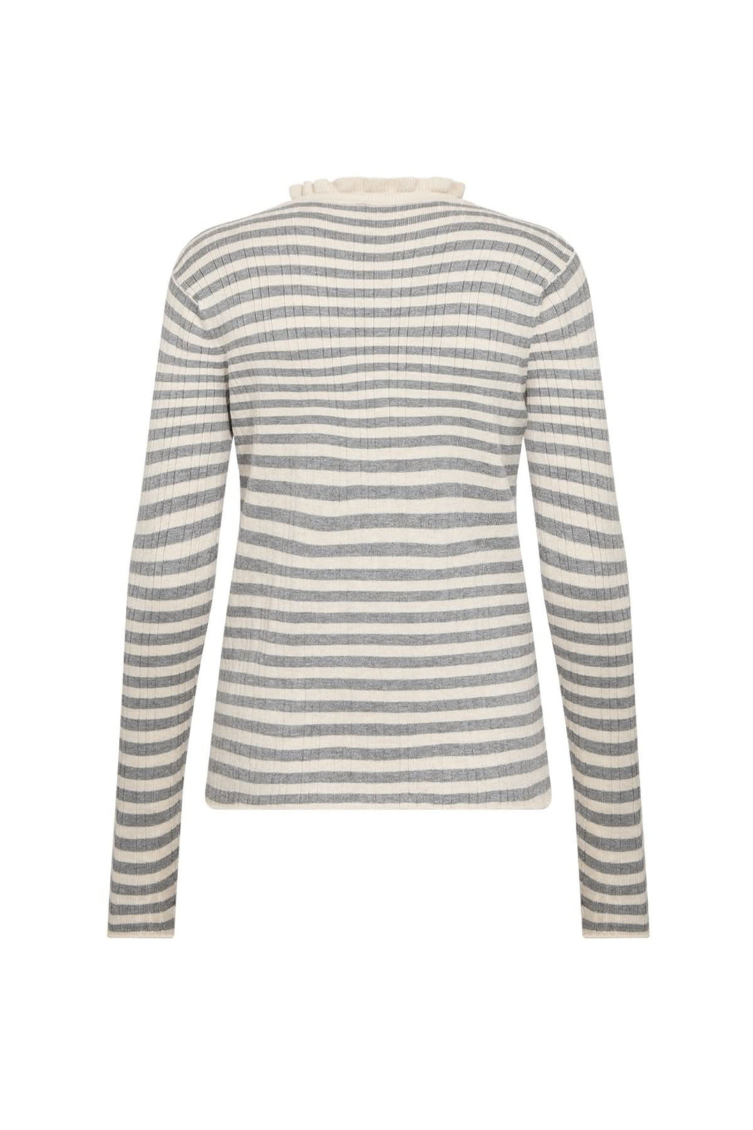 Chandail à rayures fines, col festonné, maille légère, style féminin, vue de dos.